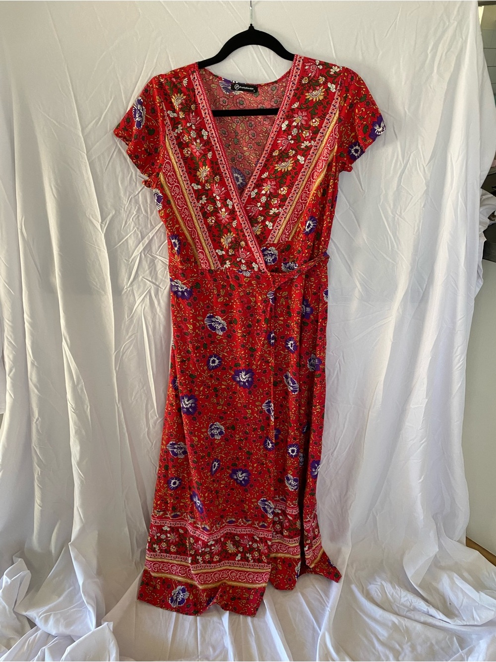 Boho Red with Floral V-Neck Maxi Wrap Dress Size S